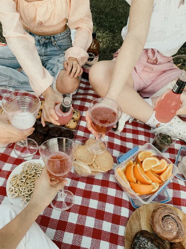 Friends sharing food and drinks on a checkered picnic blanket